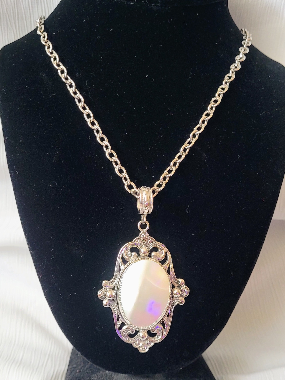 Vintage Whiting & Davis Mother of Pearl Victorian Revival Filigree Necklace